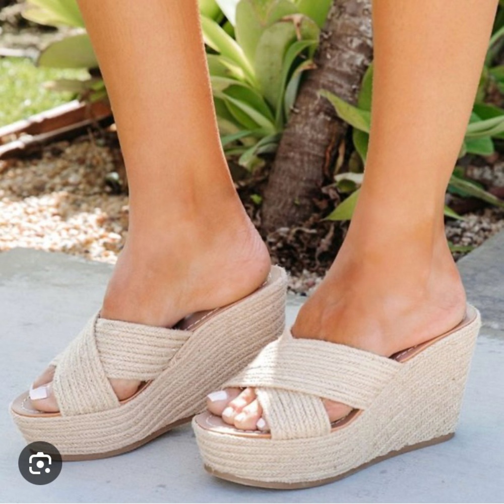 Jute Criss Cross Open Toe Slide Espadrille Wedge Platform High Heel 6